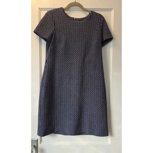 Calvin Klein Navy White Knit Shift Dress 10 Round Neck Short Sleeve Zipper
